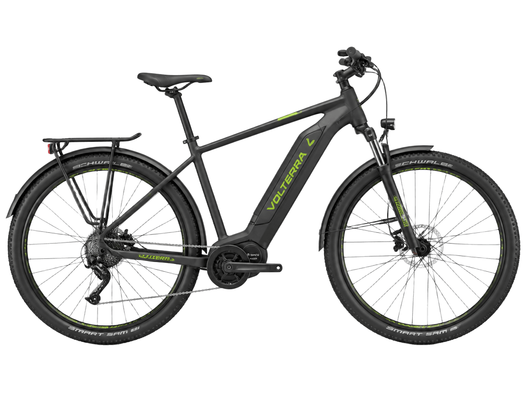 Bicicleta elétrica urbana preta com detalhes em verde
